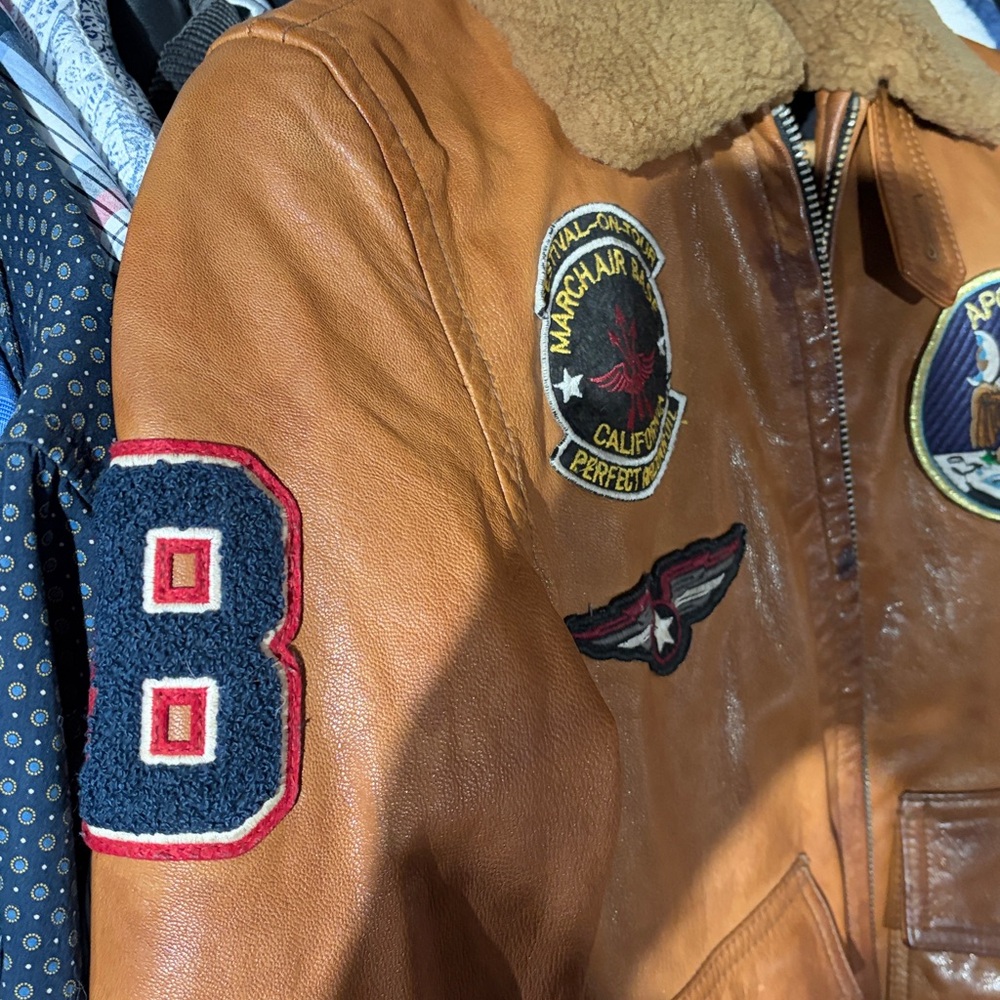 Wilson Tan Leather Bomber Jacket with Patches - Picture 11 of 13